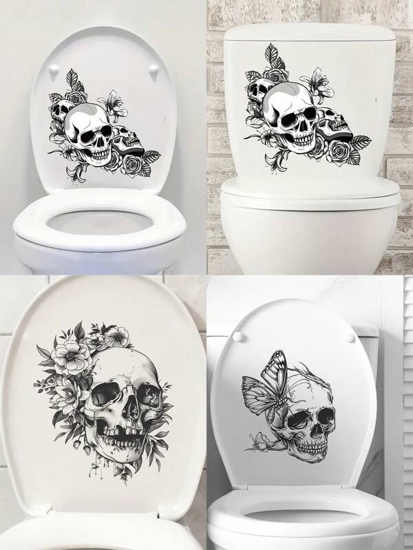 1 stuk Halloween schedel & bloemen wc-brilhoes sticker - Spookachtige badkamerdecoratie, zelfklevend, perfect voor Halloween of huisdecoratie, badkamerdecoratie en accessoires