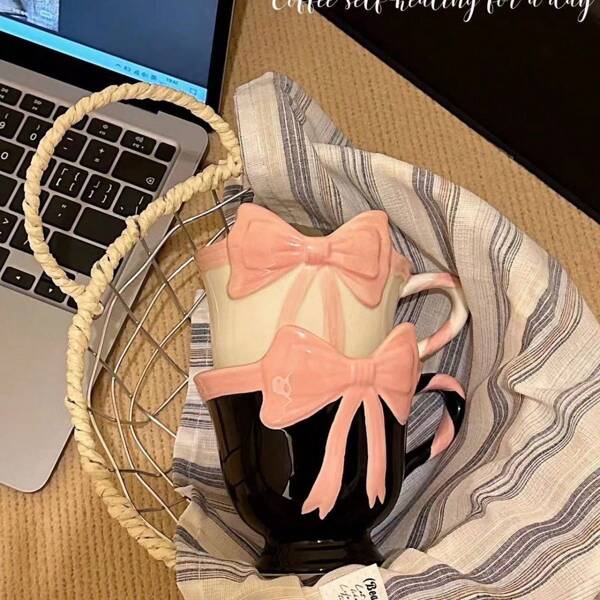 1 pieza Taza de cerámica con diseño de lazo adorable, taza de cerámica de capa única con correa, taza de café, taza, adecuada como regalo para amigos, Día de San Valentín, Día de la Madre, Navidad, botella de agua, adecuada para uso en interiores, exteriores, camping.