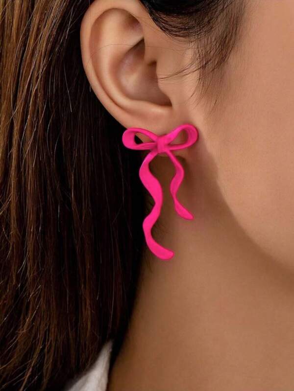 1 par de brincos de argola dourados clássicos e minimalistas com laço rosa choque, adequados para encontros e uso diário, presente de Dia dos Namorados