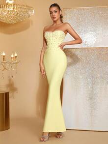 Nuevo vestido de novia con decoración de perlas sin tirantes de color rosa sexy, vestido de fiesta y noche - Amarillo - Ver 5