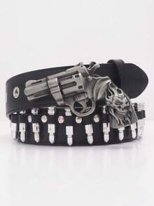 1pc Fashionable Goth Dark Style Black PU Leather Western Buckle Y2K Cowboy Punk Bullet Belt Men For Parties, Proms, Sparkling Decorations Outings, Boyfriend Valentine's Day's Gifts Summer, School Autumn-Winter Accessories,Suitable For Teens, Youth,Men,Casual, Outdoor, Athletic, Vacation, Graduation Gifts, Birthday, Daily Wear - Black - View 1