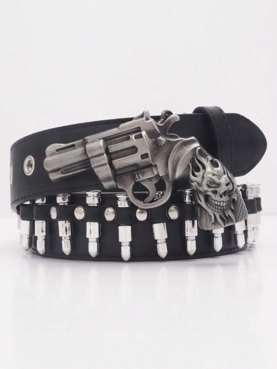 1pc Fashionable Goth Dark Style Black PU Leather Western Buckle Y2K Cowboy Punk Bullet Belt Men For Parties, Proms, Sparkling Decorations Outings, Boyfriend Valentine's Day's Gifts Summer, School Autumn-Winter Accessories,Suitable For Teens, Youth,Men,Casual, Outdoor, Athletic, Vacation, Graduation Gifts, Birthday, Daily Wear - Black - View 1