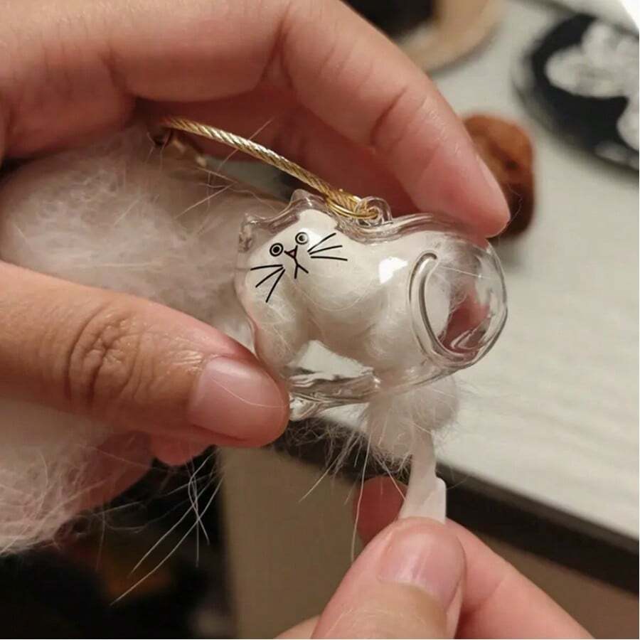 1 件可爱卡通猫钥匙扣，带毛绒白猫毛 - 透明椭圆形钥匙扣吊坠，无需电池，适合猫爱好者和宠物主人