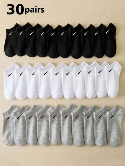 30 Pairs Men's Breathable Sports Socks, Fashionable Letter Printed High Stretch Outdoor Running Socks, Comfortable, Breathable, Anti-Odor And Antibacterial Socks Suitable For Everyday Wear