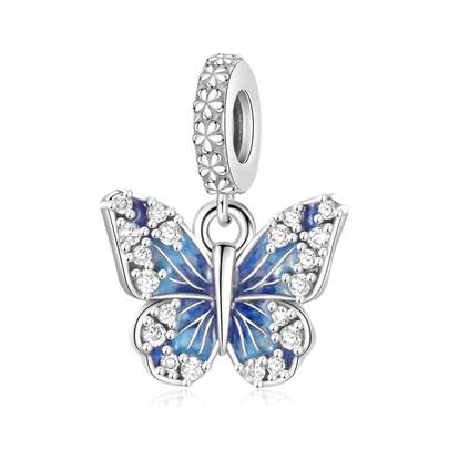 1 mặt dây chuyền hình bướm màu xanh dương đính đá Cubic Zirconia thời trang, quà tặng tự làm từ hạt đồng.