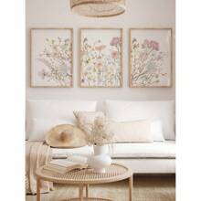 3 Pieces Wildflowers Canvas Print Pink Floral Canvas Painting Nordic Botanical Art Poster Minimalist Plant Wall Picture Girls Bedroom Wall Decor Living Room Office Apartment Wall Decor ,No Frame