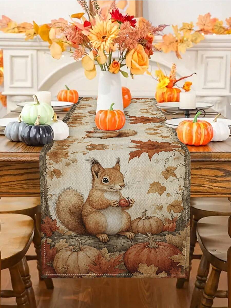 1pc/10pcs Autumn Squirrel & Maple Leaf Patterned Table Runner, Thanksgiving Table Runner, Harvest Festival Table Runner, Seasonal Home Decor, Farmhouse Style, Faux Linen Material, 33*91CM/33*183CM/33*274CM 3 Size Options, Indoor/Outdoor Party Supplies, Pumpkin Themed Decor, Room Decor. For Home Kitchen Decor & Event Party Decoration - Multicolor - View 1
