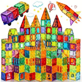 46/98/120/136 Pcs Luxury Magnetic Tiles Set With 2 Car Toys, 3D Diamond Magnetic Tiles Building Blocks Toys, Suitable For 3-6 Years Old Kids, STEM Montessori Sensory Educational Toys Gifts For Boys Girls, Easter