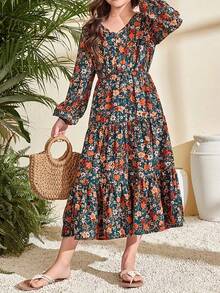 Damen Maxikleid mit V-Ausschnitt und Blumenmuster, Langarm, elegant grün mit lebendigem Blume Muster, Rüschensaum, tailliertes Design, geeignet für Frühling & Herbst, modisch für den Frühling - Verschiedenfarbig - Übersicht 6