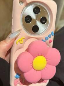 Funda de teléfono con soporte de flor de silicona estilo coreano compatible con Huawei Nova 13 Pro, Nova 12, Nova 11, Mate 70, Mate 60, P70, P60, P50 Pro, New Nova 13, resistente al agua, a golpes, a caídas y a arañazos - Rosa - Ver 2
