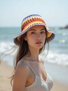 Women's 1pc Colorful Crochet Knit Bucket Hat, Bohemian & Casual Style, Straw Material, Foldable Sun Hat For Summer Beach & Easter, Retro Elegant Beach Hat For Women With High UV Protection, Multiple Colors Available,Vacation - Rainbow Multicolor - View 4