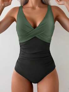 Women's One-Piece Swimsuit, Tummy Control, Criss-Cross Backless V-Neck Slimming Swimwear - Army Green - View 1