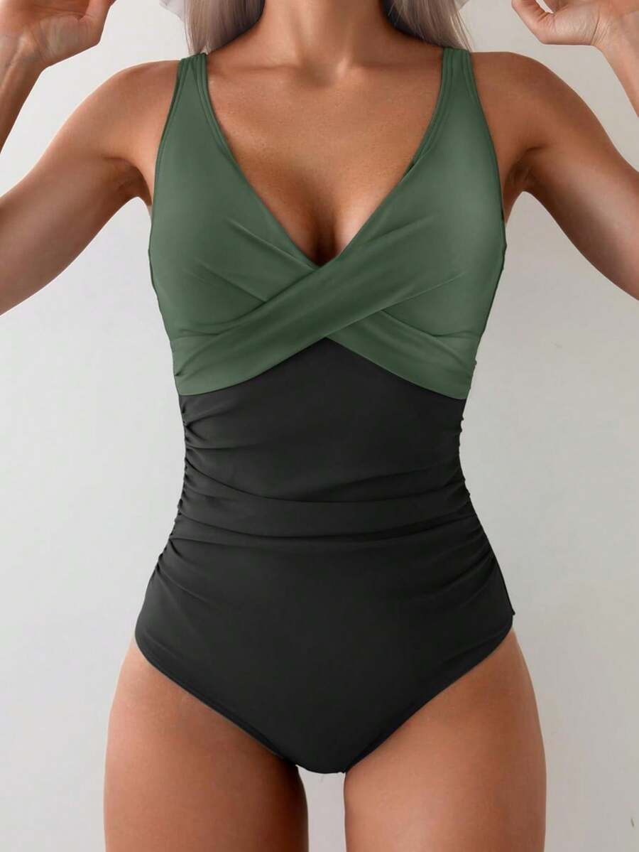 Women's One-Piece Swimsuit, Tummy Control, Criss-Cross Backless V-Neck Slimming Swimwear - Army Green - View 1
