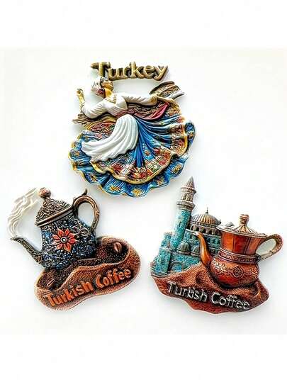 1 件土耳其咖啡 3D 立体树脂冰箱贴，传统咖啡和传统艺术舞蹈旅游文化纪念品冰箱贴，家居、厨房装饰配件饰品工艺品礼品