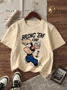Popeye 1 件男童休闲印花圆领短袖 T 恤，夏季学生小童装 - 一件引人注目的 T 恤，为每个孩子带来欢乐和幸福！ - 杏色 - 查看 2