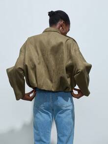 Women's Solid Color Minimalist Suede Texture Collar Flight Jacket - Army Green - View 2