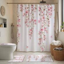 1/4 Piezas Juego de baño con Estampado de Flores de Cerezo que incluye Cortina de Baño, Alfombra de Baño, Alfombra en Forma de U para Inodoro, Cubierta para Tapa de Inodoro, Cortina de Ducha Impermeable, Cortina de Moda, Cortina Divisoria de Baño Moderna, Sin Necesidad de Perforar, Poliéster, Lavable a Máquina