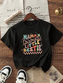 青少女休閒口號印花黑色圓領短袖套頭T恤，夏季 - 黑色 - 查看 3