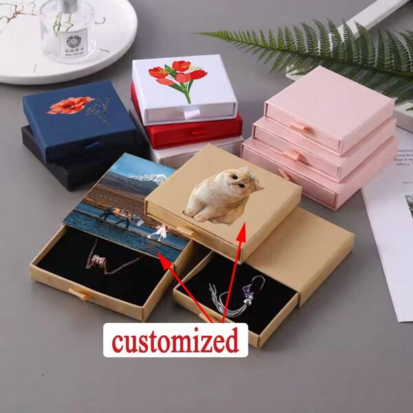 1pc Personalized Customized Women's Jewelry Drawer Type Storage Box Mini Portable Earring Packaging Box Company Name And Logo Personalized Customized Gift Box, Jewelry Display Stand, Suitable For Giving To Friends, Customers, Family, And Colleagues