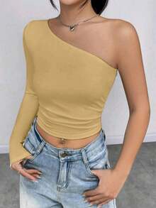 Women's Cropped Top T-Shirt Blouse With One-Shoulder Neckline Suplex Fabric Ideal For Going Out On Casual Romantic Elegant And Sophisticated Dates - 米色 - 查看 4