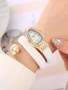 新品热销蛇形环绕腕表，时尚个性石英表，配水钻皮革表带 - 銀色 - 查看 3