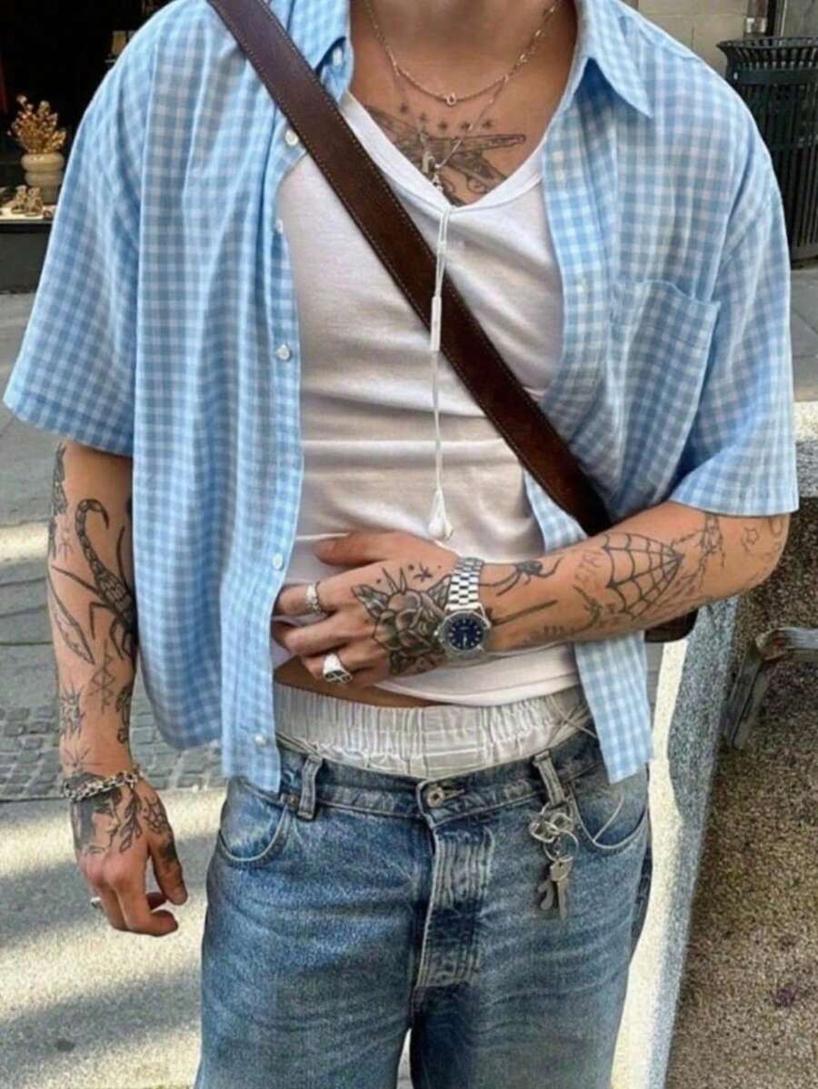 男士格子短袖单排扣休闲宽松衬衫 - 淺藍色 - 查看 1