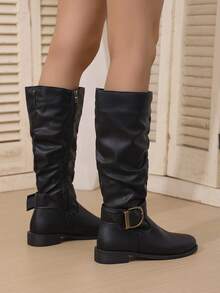 Giày bốt nữ màu đen thu/đông, xếp ly, có khóa, mũi tròn, gót thấp, bốt thời trang, bốt cao cổ có khóa kéo bên hông thường ngày cho mùa đông, bốt cao đến đầu gối - màu đen - Xem 4