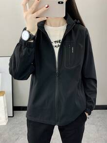 极简休闲户外软壳抓绒外套，女士款，防风防水透气保暖登山运动服，适合徒步、跑步、远足、冬季运动、滑雪等，黑色 - 黑色 - 查看 6