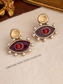 一对复古珍珠和珐琅吊坠耳环，复古独特小耳环 - 綠寶石 - 查看 8