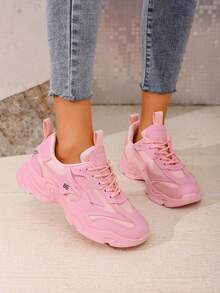 女式学生运动风格系带字母装饰网眼运动鞋，户外透气百搭厚底运动休闲跑步鞋，厚底厚底运动鞋