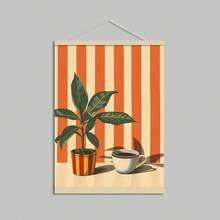 1件復古中世紀風咖啡與植物溫馨條紋極簡主義牆面藝術海報，鮮豔橘色與白色條紋配盆栽植物與咖啡杯，無框，適合牆面裝飾 - 彩色 - 查看 15