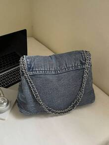 Winter New Fashion Classic Joker Solid Color Retro Wash Jeans Material Metal Chain Shoulder Bag Quilted Embroidery Thread Decoration Design Large-Capacity Shoulder Bag Suitable For Shopping And Outing. - Baby Blue - View 4