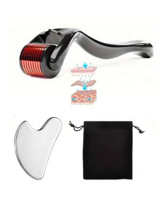 Set de 3 Piezas de Herramientas de Masaje: 1 Rodillo de Microagujas Rojo de 0.5mm, 1 Tabla Gua Sha de Acero Inoxidable, 1 Bolsa de Almacenamiento Negra. Hecho de Acero Inoxidable 304, apto para cabello, barba y rostro, fácil de transportar y usar, cuidado de la belleza