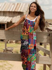 1 件女式波西米亚复古印花连体裤，100% 涤纶，无弹性面料，宽松版型，直筒裤，细肩带，休闲风格，适合春/夏/秋季海滩 - 彩色 - 查看 1