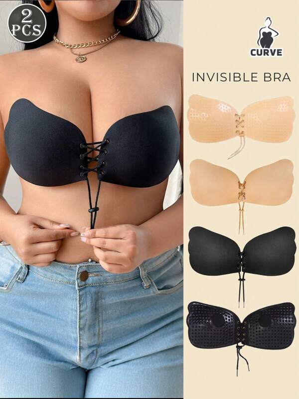 2 Pairs Of Plus Size Invisible Wing Push Up Bras - Drawstring Adhesive Backless Strapless Bras For Deep V Necklines, Lift And Enhance Bust Curves, Breathable And Comfortable Underwear Accessories