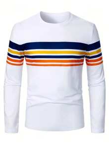 男士长袖 3D 印花 T 恤 - 休闲街头风格、健身和徒步装备、彩虹条纹设计、涤纶、可机洗、户外服装 | 条纹长袖 | 光滑面料