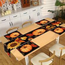 Un conjunto de 4/6 individuales para mesa y 1 camino de mesa, diseñados en un estilo temático de otoño con estampados de calabaza y hojas de arce, adecuados para mesas de comedor, muebles, decoraciones de fiestas festivas y pueden usarse tanto en interiores como en exteriores, lo que lo convierte en una elección ideal para la decoración de Acción de Gracias y otoño. - Multicolor - Ver 2