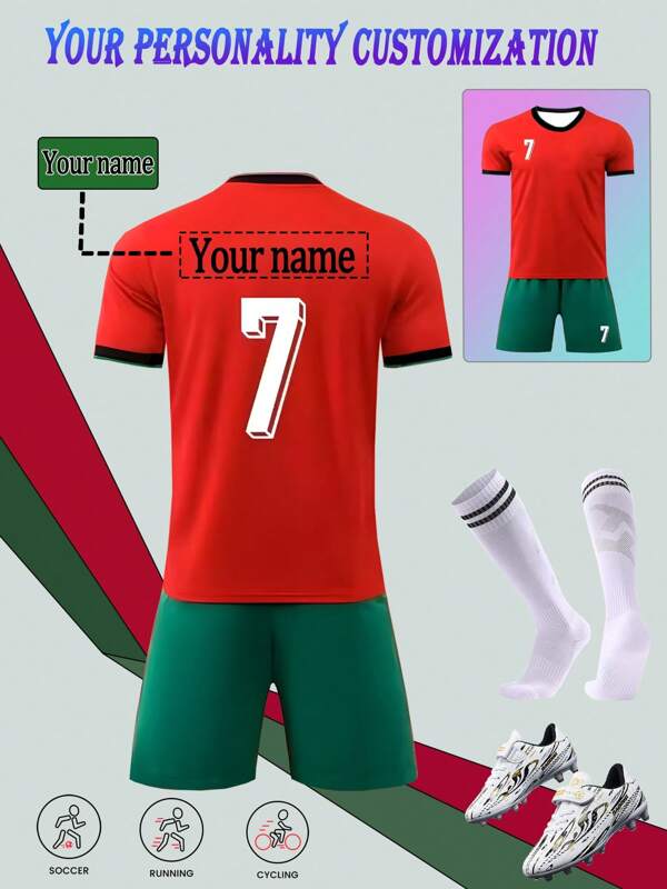 [Custom-Made] Personalized Name & Portugal National Team #7 Youth Soccer Jersey Set - Made Of Polyester, With Round Neck Top And Shorts, Suitable For Boys Sports Training And Casual Wear, Ideal Choice For Outdoor,Multi-Functional,Ornamental,Letter,Stylish,Modern,Colorful,Cute,Adorable,Casual,Custom,Personalised,Unique,Customized,Ideal Gifts For Him,Ideal Gifts For Her