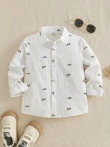 秋季小男孩汽车印花衬衫 - 白色 - 查看 1