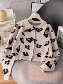 女童欧美豹纹蝴蝶结短款开衫针织衫，适合日常、派对、春秋冬