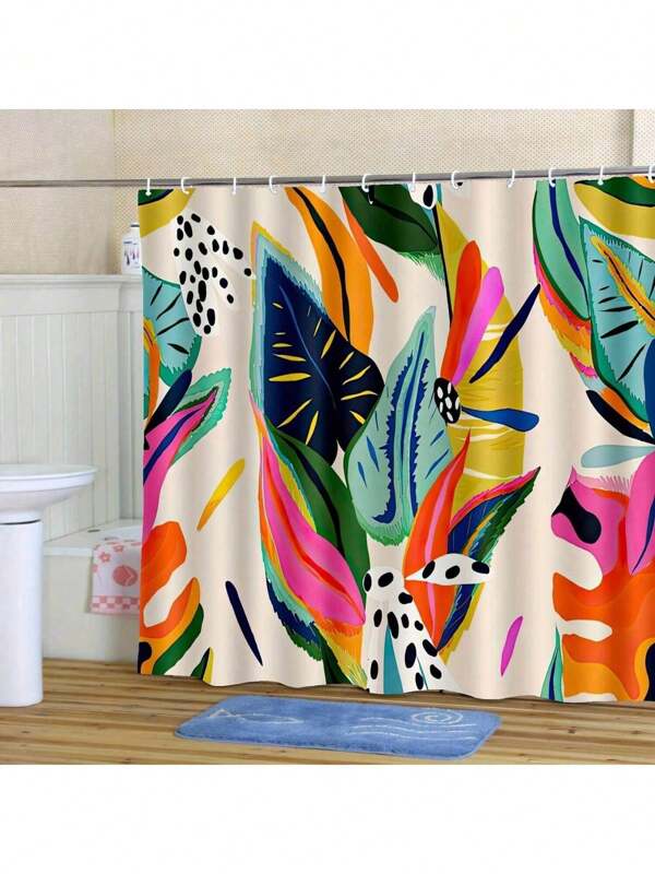 1pc [Vibrant Shower Curtain] Tropical Leaf Print Non-Light-Blocking Shower Curtain | Colorful Retro Design With Hooks, Machine Washable Polyester | Yellow Blue Pink Green Pattern For Bathroom Decor, Shower Curtain For Bathrooms ﻿