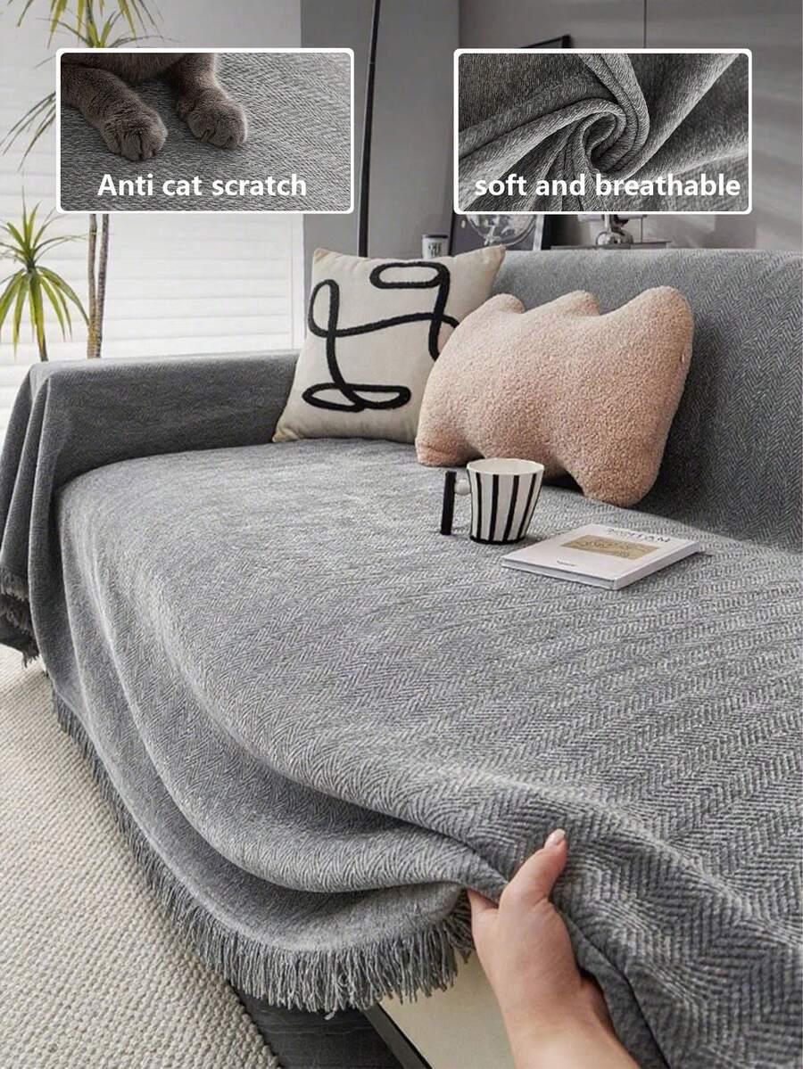 1 tấm bọc ghế sofa màu trơn, chăn sofa, tấm bảo vệ sofa bằng vải chenille, phù hợp cho mọi mùa, phòng ngủ và phòng khách, trang trí nhà cửa. - Xám - Xem 1