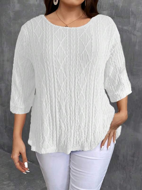 2025 Nouveau pull-over élégant de couleur unie à manches 3/4 avec motif jacquard et effet ajouré, mode européenne et américaine pour l'automne/hiver pour femmes