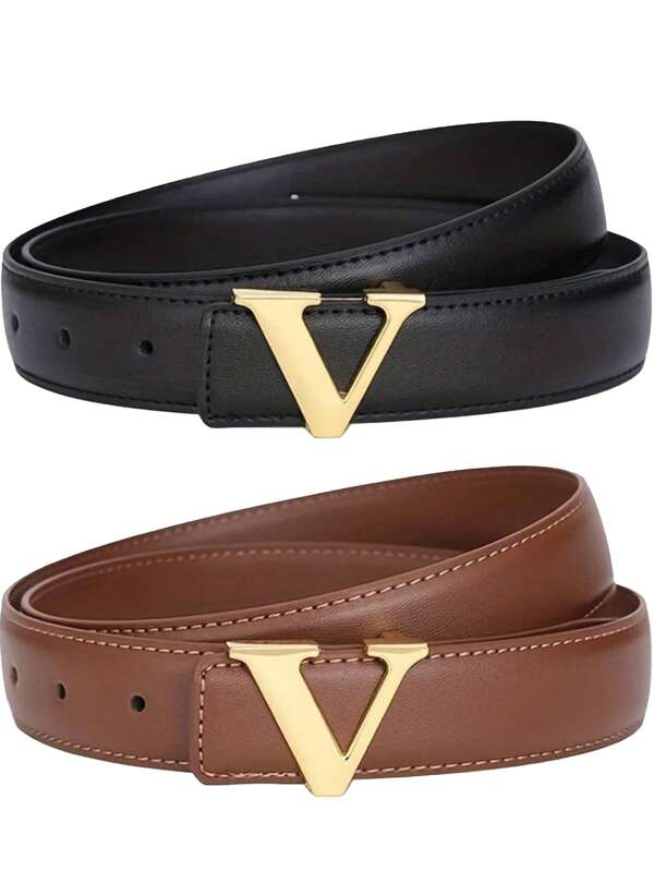 Cinto feminino simples com fivela lisa e vazada, versão coreana, cinto com letra V, cor sólida, para emagrecimento