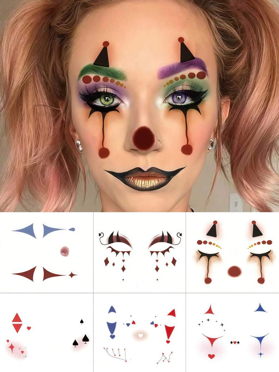 6 Blatt Clown Gesicht Tattoo Halloween temporäre Tattoos, erschreckende Augenschatten Tattoos, Clown Make-up Halloween Gesichtstattoo Aufkleber für Karneval, Totenfest, Cosplay und Festivitäten