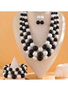 4pcs/Set Exquisite Necklace And Earring Set With Black And White Pearls - Ideal For Important Events Valentine's Day
