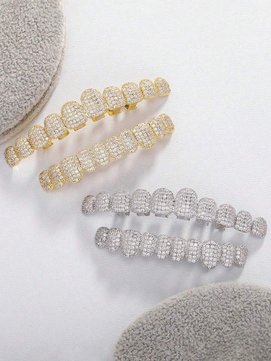 2件套欧美嘻哈风立方氧化锆朋克牙套，上排10颗牙和下排10颗牙一套，适合万圣节和派对佩戴 - 彩色 - 查看 1