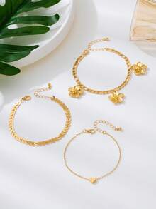 3pcs/Set Summer Beach Gold Wheat Chain Flower Heart Pendant Anklet, Elegant Jewelry Suitable For Vacation Travel - Yellow Gold - View 3