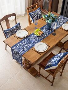 1 pieza Camino de mesa rústico bordado con flecos, de doble capa - Perfecto para decoración de comedor, decoración de otoño, decoración de sala - Azul Marino - Ver 7