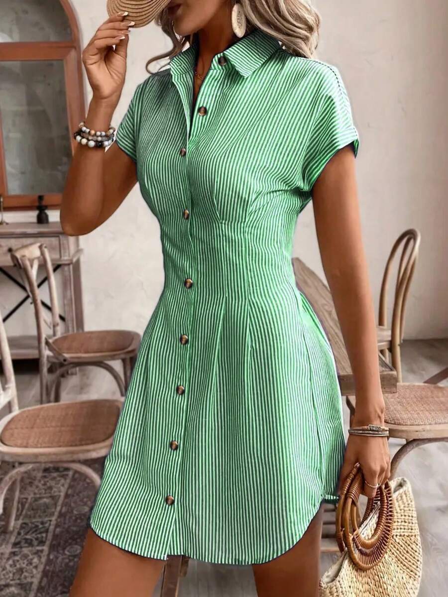 Women Elegant Striped Short Sleeve A-Line Shirt Dress, High Waist Button Casual Summer Office Dress, Light Color, Comfortable Polyester Fabric, French Style, Casual Shirt Dress, High Waist, Office Dress, Elegant Style, Four Seasons Solid Color Striped Casual Button Fabric With Pleated Decoration